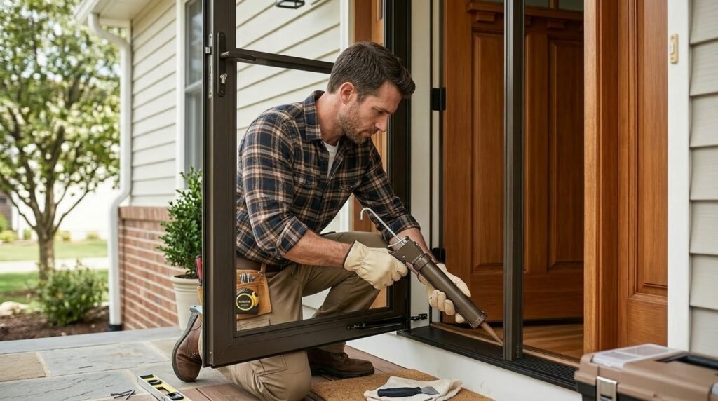 sealing storm door frame with exterior caulk