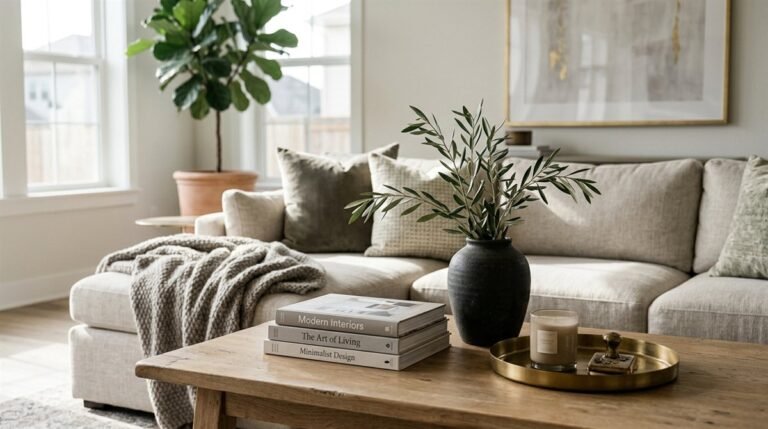 How to make your home look expensive — neutral living room with curated decor, layered textures, and warm natural light