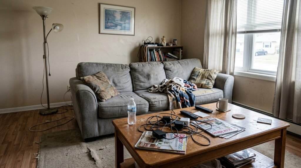 Common mistakes that make your home look cheap - cluttered surfaces, harsh overhead light, and an undersized rug in a living room