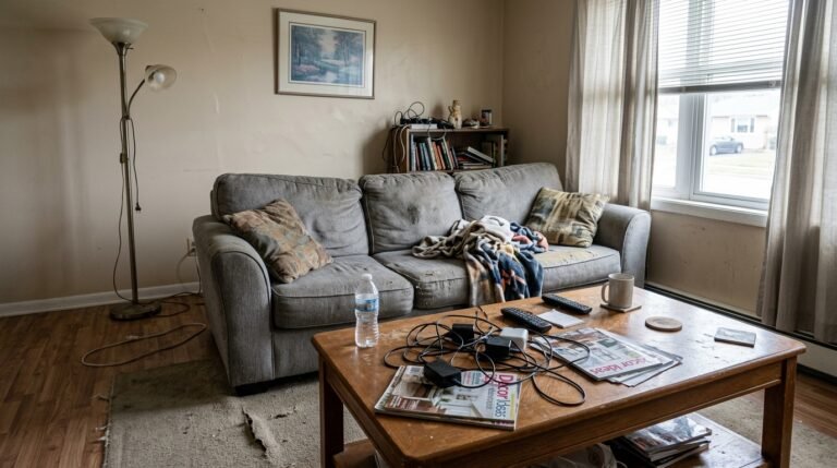 Common mistakes that make your home look cheap - cluttered surfaces, harsh overhead light, and an undersized rug in a living room