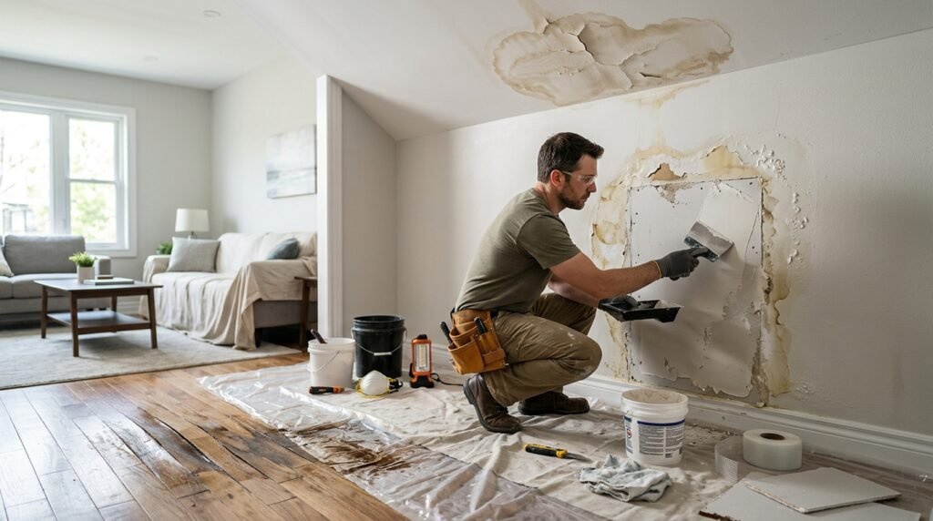 Water damage repair on walls, ceilings, and floors