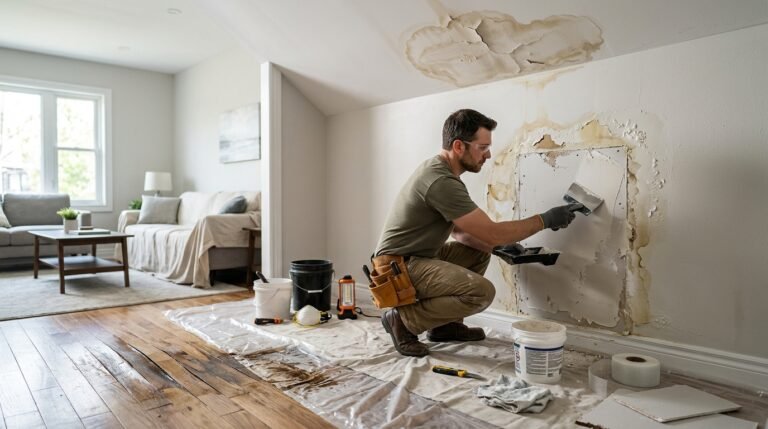 Water damage repair on walls, ceilings, and floors
