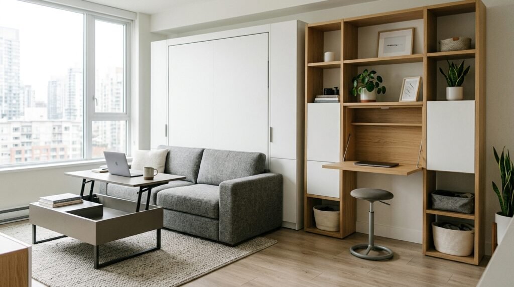 Best space-saving furniture for a small apartment — Murphy bed, lift-top coffee table, and fold-down desk