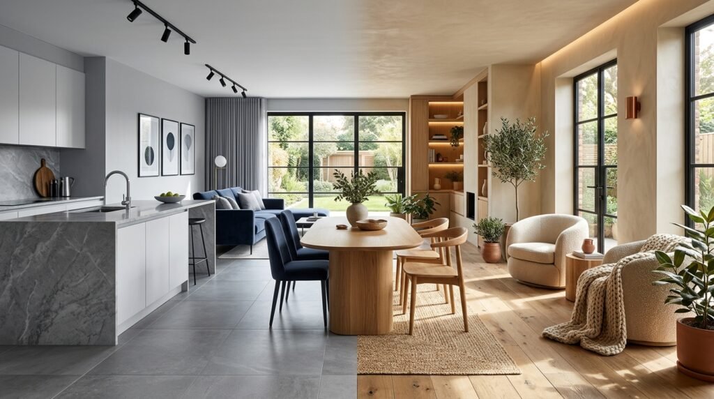 Dated home design trends going out of style in 2026 - all-gray living room with matte black hardware and a small floating rug