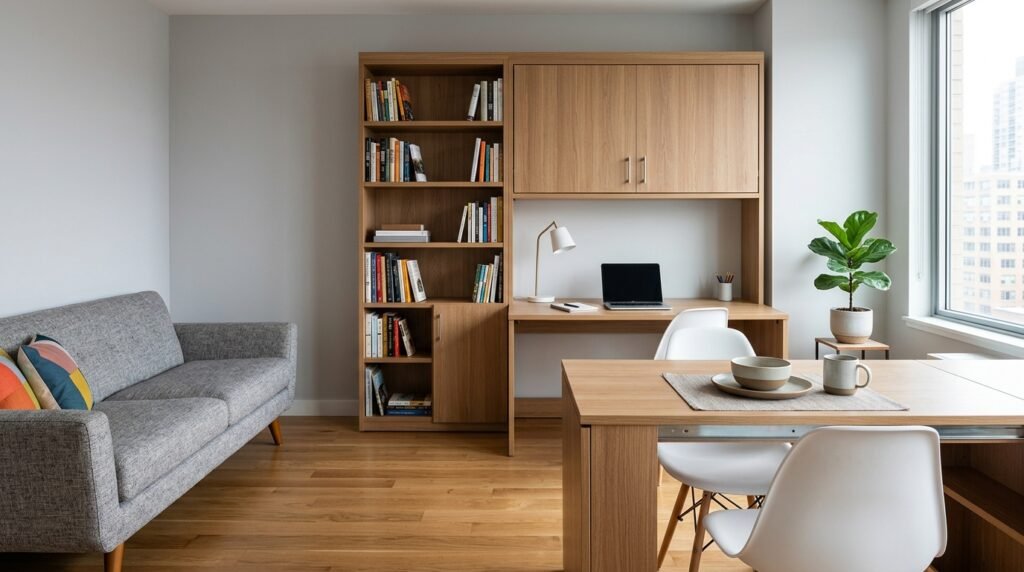 Multi-functional space-saving furniture — tall bookcase and wall-mounted desk in a small apartment