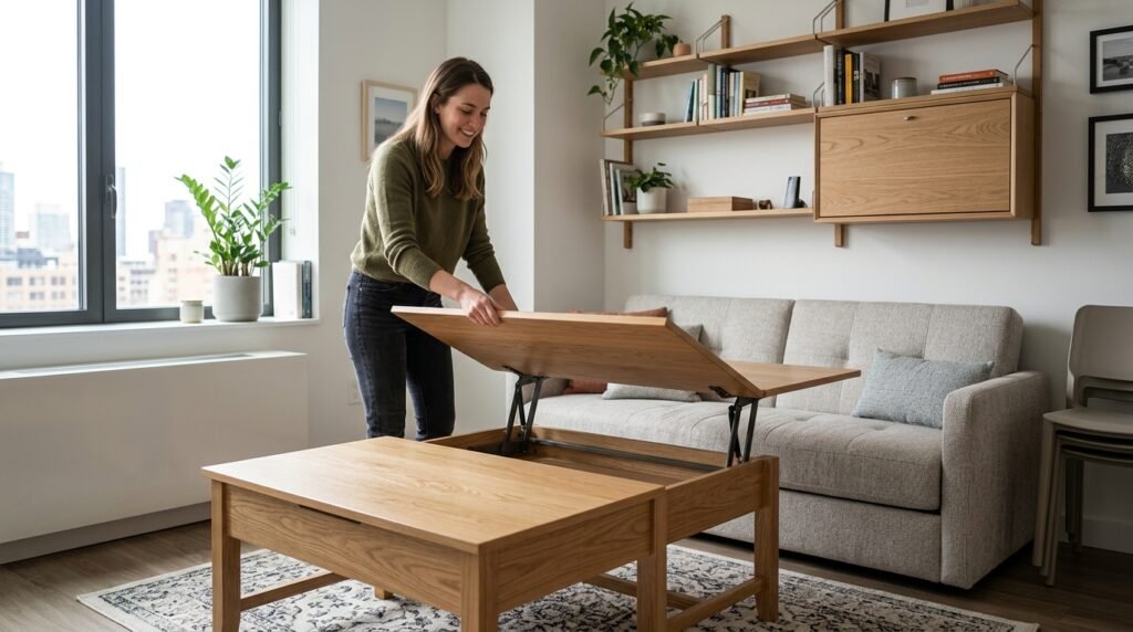 Space-saving furniture in a small apartment with lift-top coffee table and sofa bed