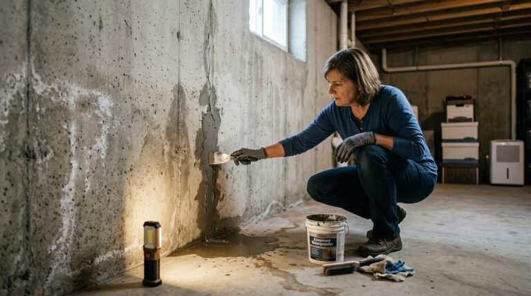 Home basement leaks visible on foundation wall showing water damage and stains