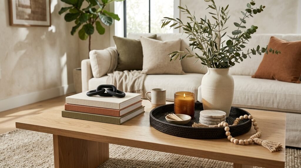 Coffee table styling with tray, stacked books, candle, and small plant for a designer look