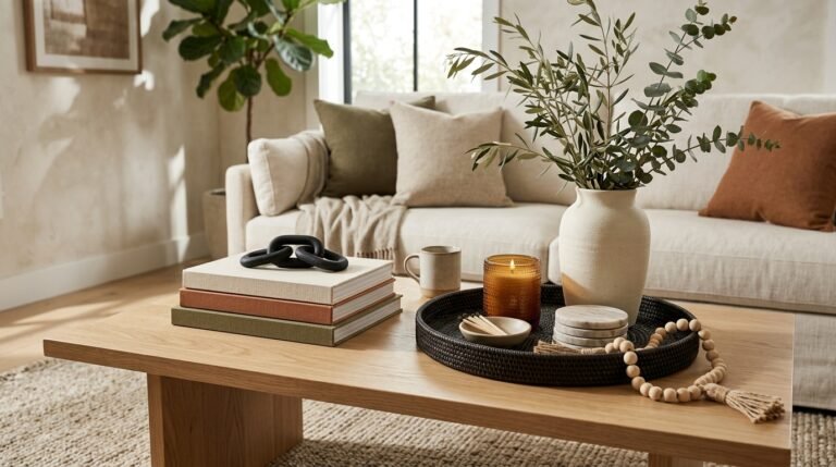 Coffee table styling with tray, stacked books, candle, and small plant for a designer look